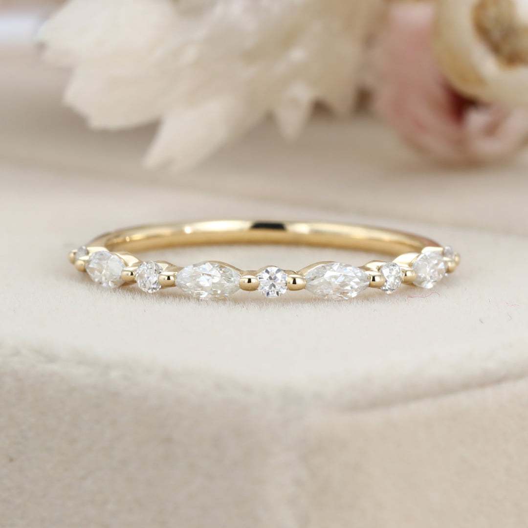 Unique Marquise Moissanite wedding band Vintage Yellow gold wedding band half eternity wedding ring Bridal Stacking Matching ring promise (5)