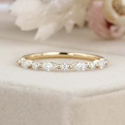 Unique Marquise Moissanite wedding band Vintage Yellow gold wedding band half eternity wedding ring Bridal Stacking Matching ring promise (5)