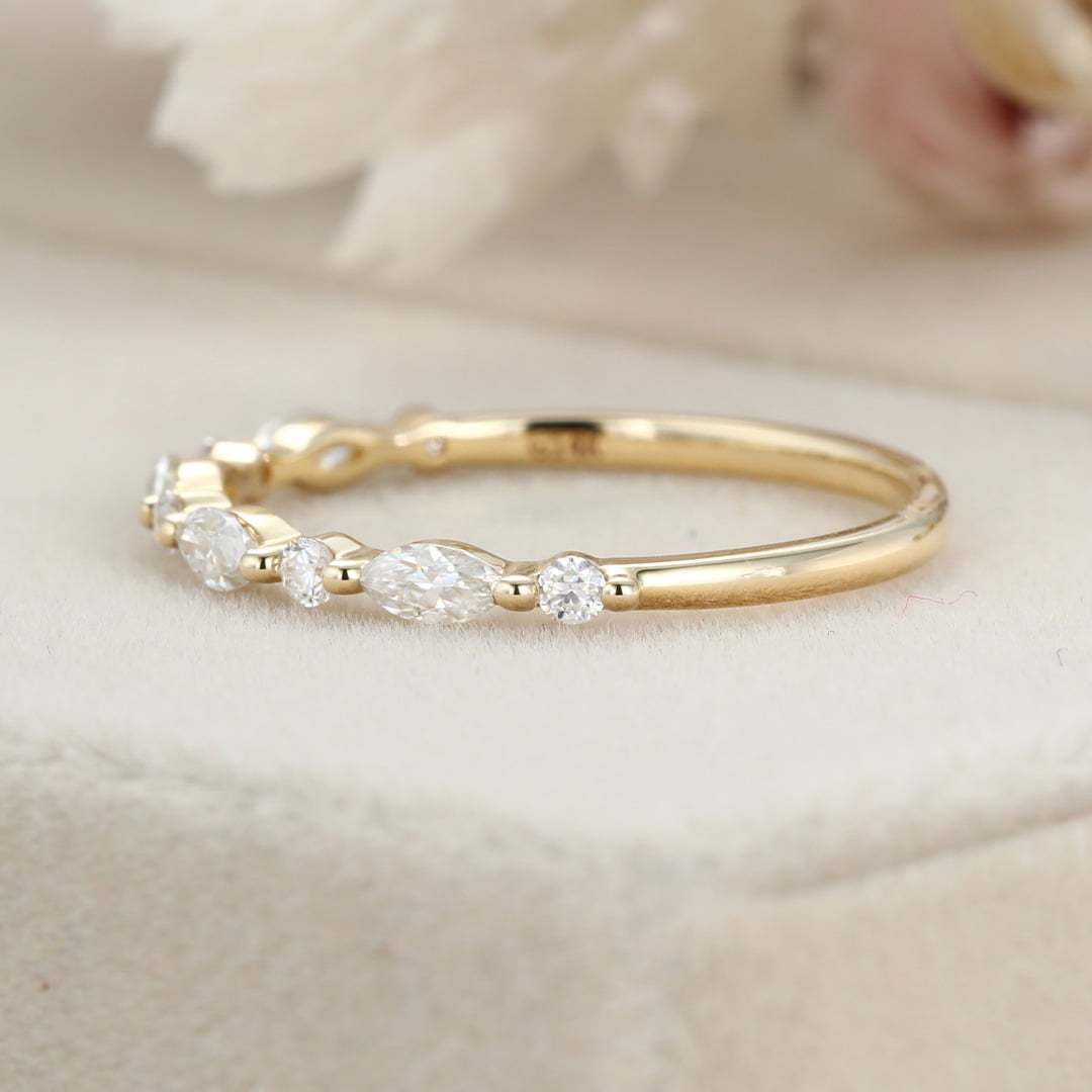 Unique Marquise Moissanite wedding band Vintage Yellow gold wedding band half eternity wedding ring Bridal Stacking Matching ring promise (5)