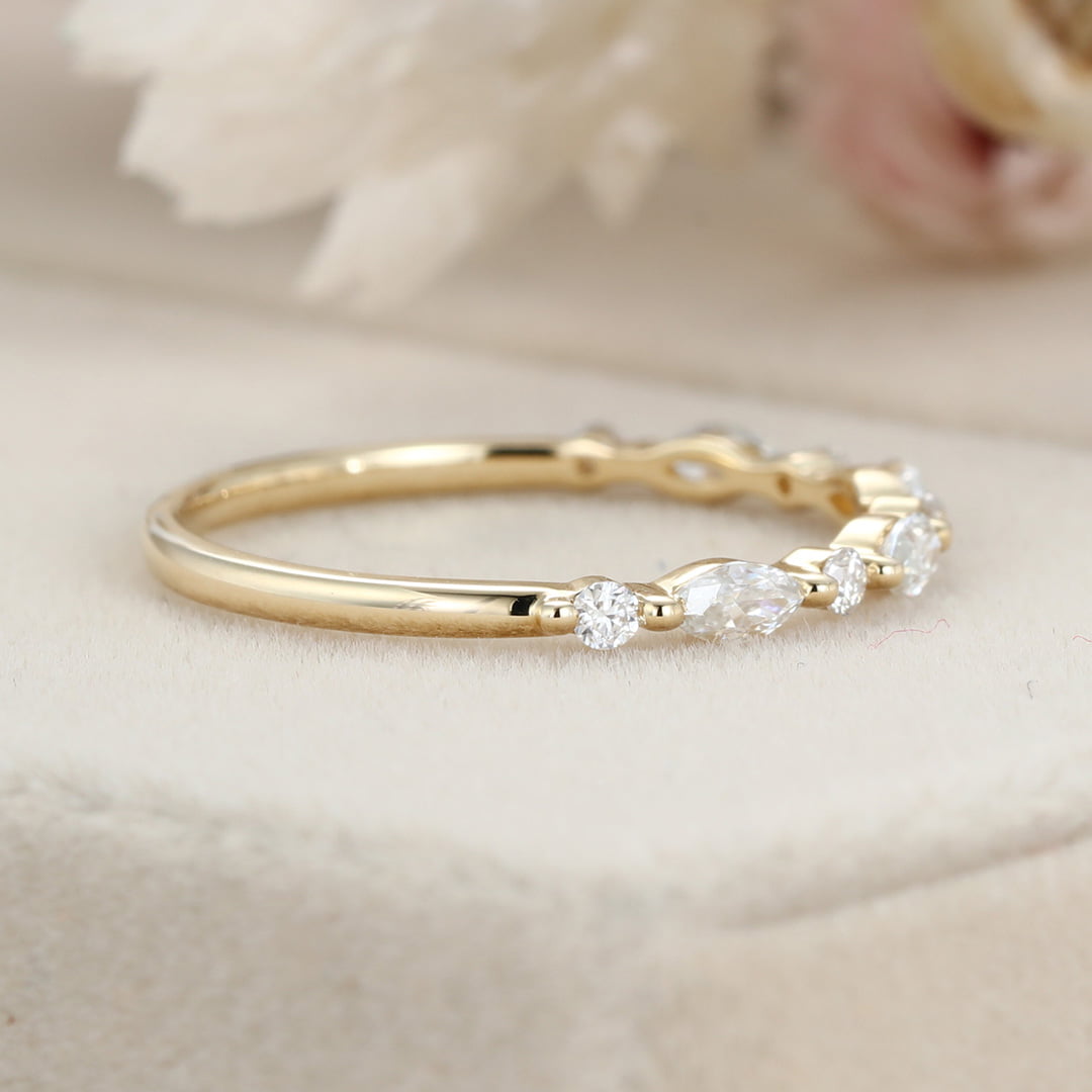 Unique Marquise Moissanite wedding band Vintage Yellow gold wedding band half eternity wedding ring Bridal Stacking Matching ring promise (5)