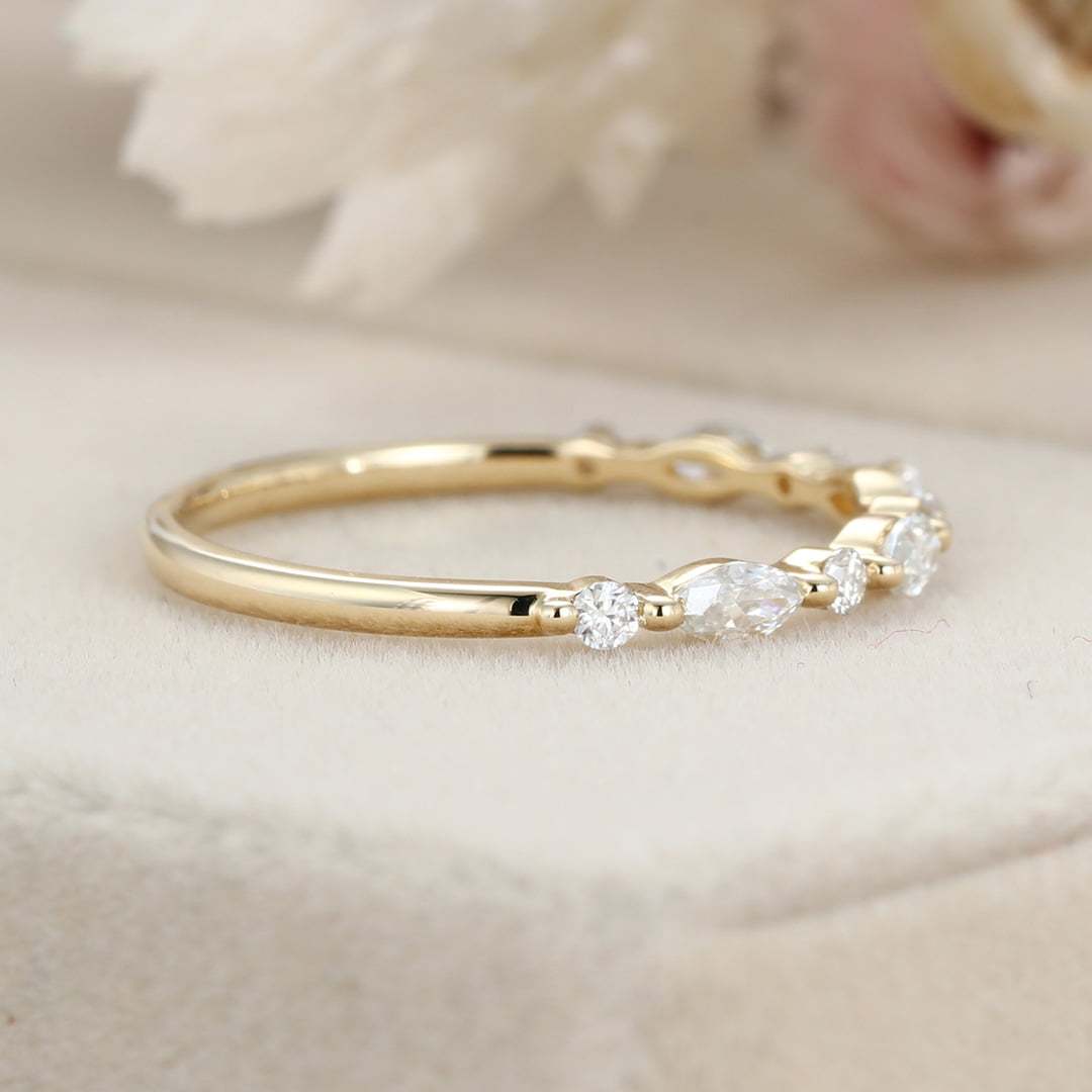 Unique Marquise Moissanite wedding band Vintage Yellow gold wedding band half eternity wedding ring Bridal Stacking Matching ring promise (5)