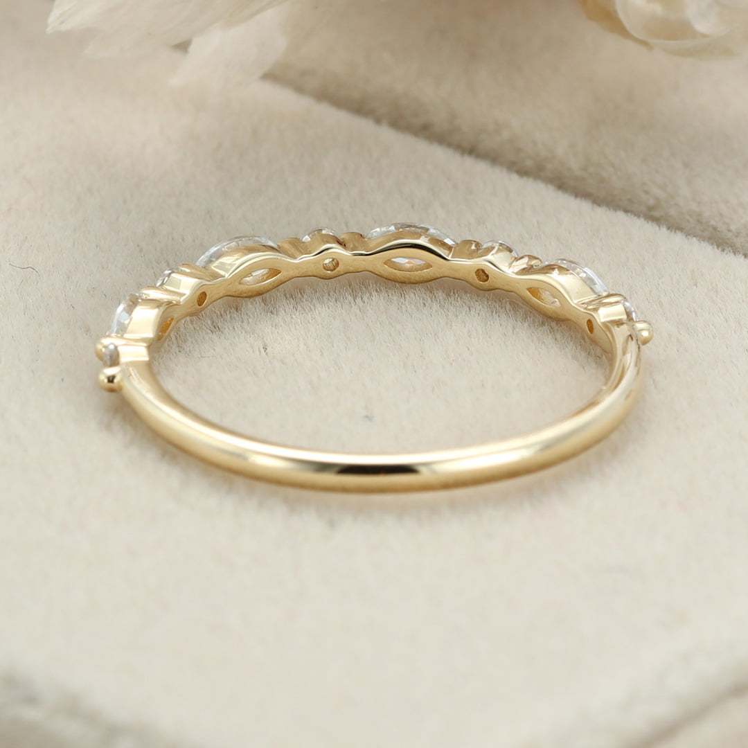 Unique Marquise Moissanite wedding band Vintage Yellow gold wedding band half eternity wedding ring Bridal Stacking Matching ring promise