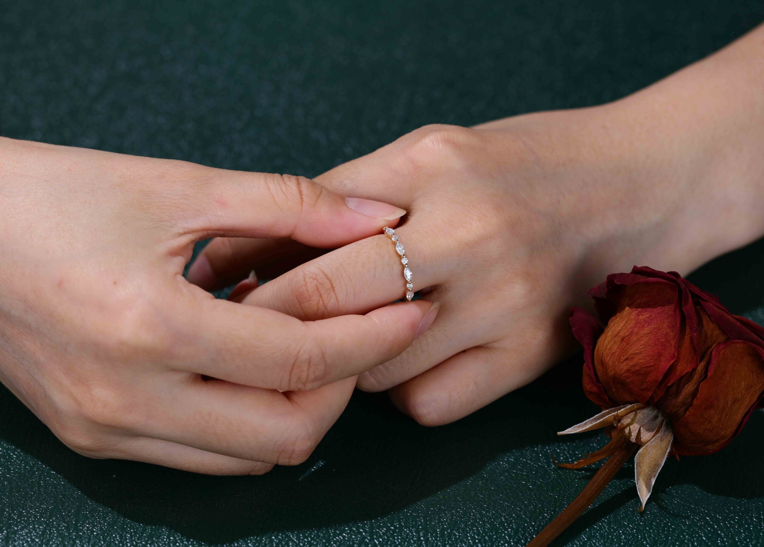 Unique Marquise Moissanite wedding band Vintage Yellow gold wedding band half eternity wedding ring Bridal Stacking Matching ring promise