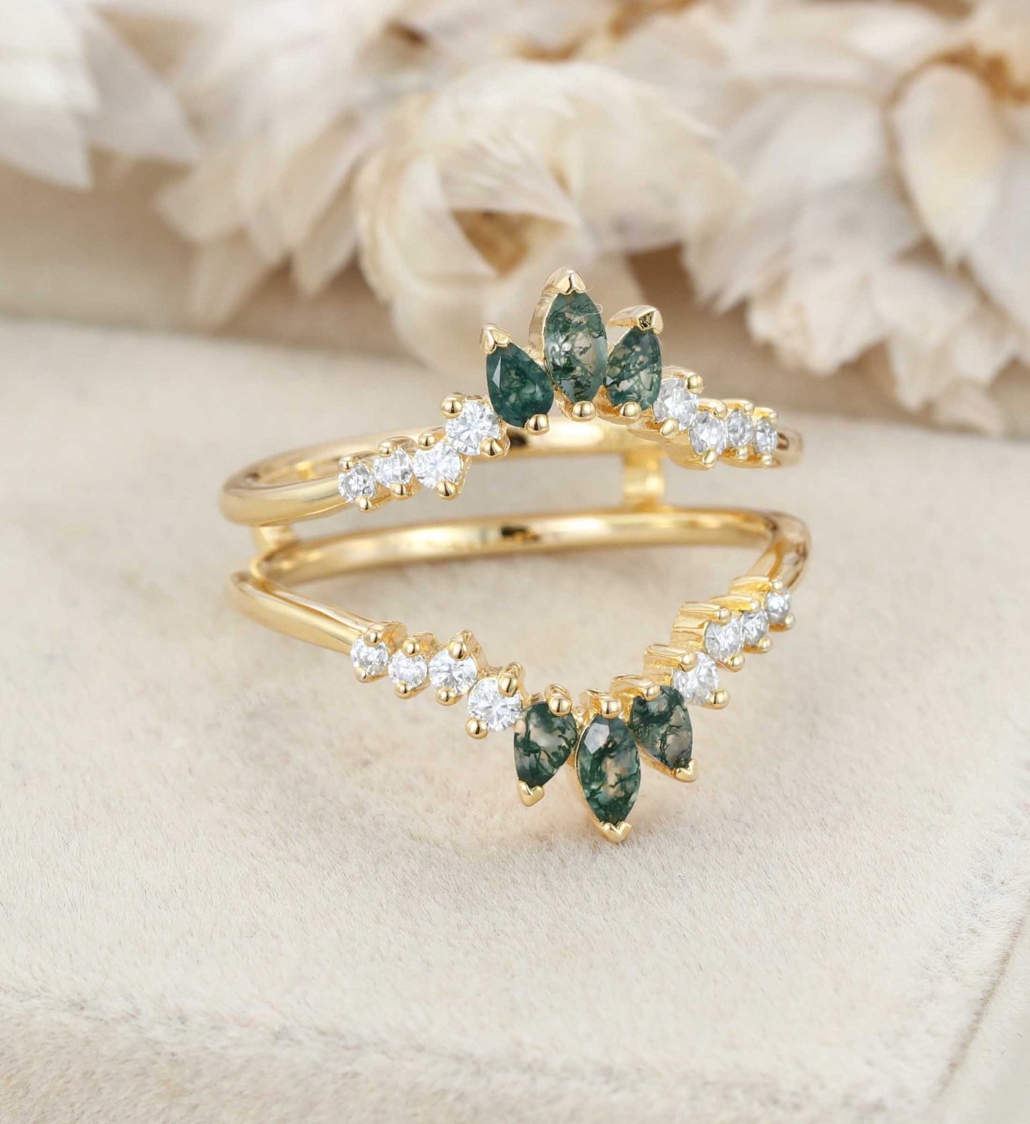 Unique Marquise Moss Agate Double Curved Wedding Band Yellow Gold Ring Enhancer Diamond Stacking Matching Promise Rings For Women