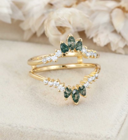 Unique Marquise Moss Agate Double Curved Wedding Band Yellow Gold Ring Enhancer Diamond Stacking Matching Promise Rings For Women