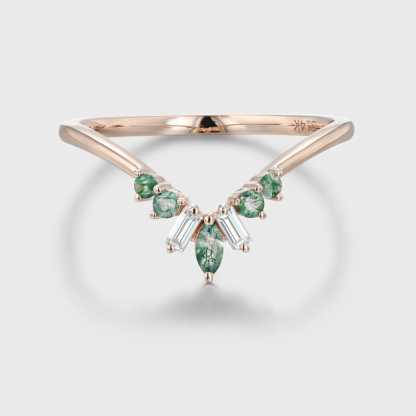 Unique Marquise Nature Moss agate Wedding Band 14K Solid Gold Curved Moissanite Wedding Band Women Stacking Matching Ring Bridal Anniversary