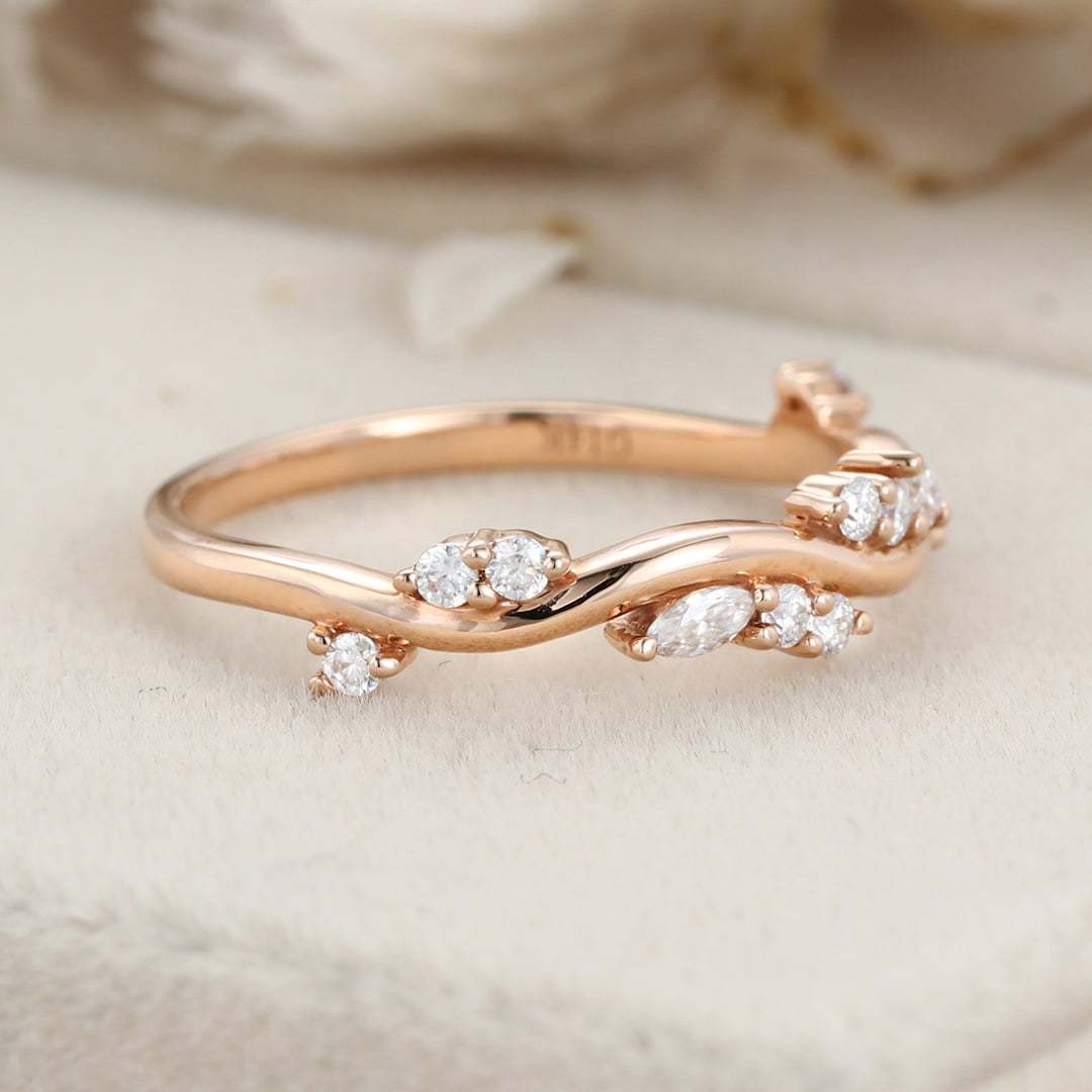 Unique Marquise Round Moissanite wedding band Vintage rose gold wedding band diamond ring stacking matching promise ring Anniversary gift