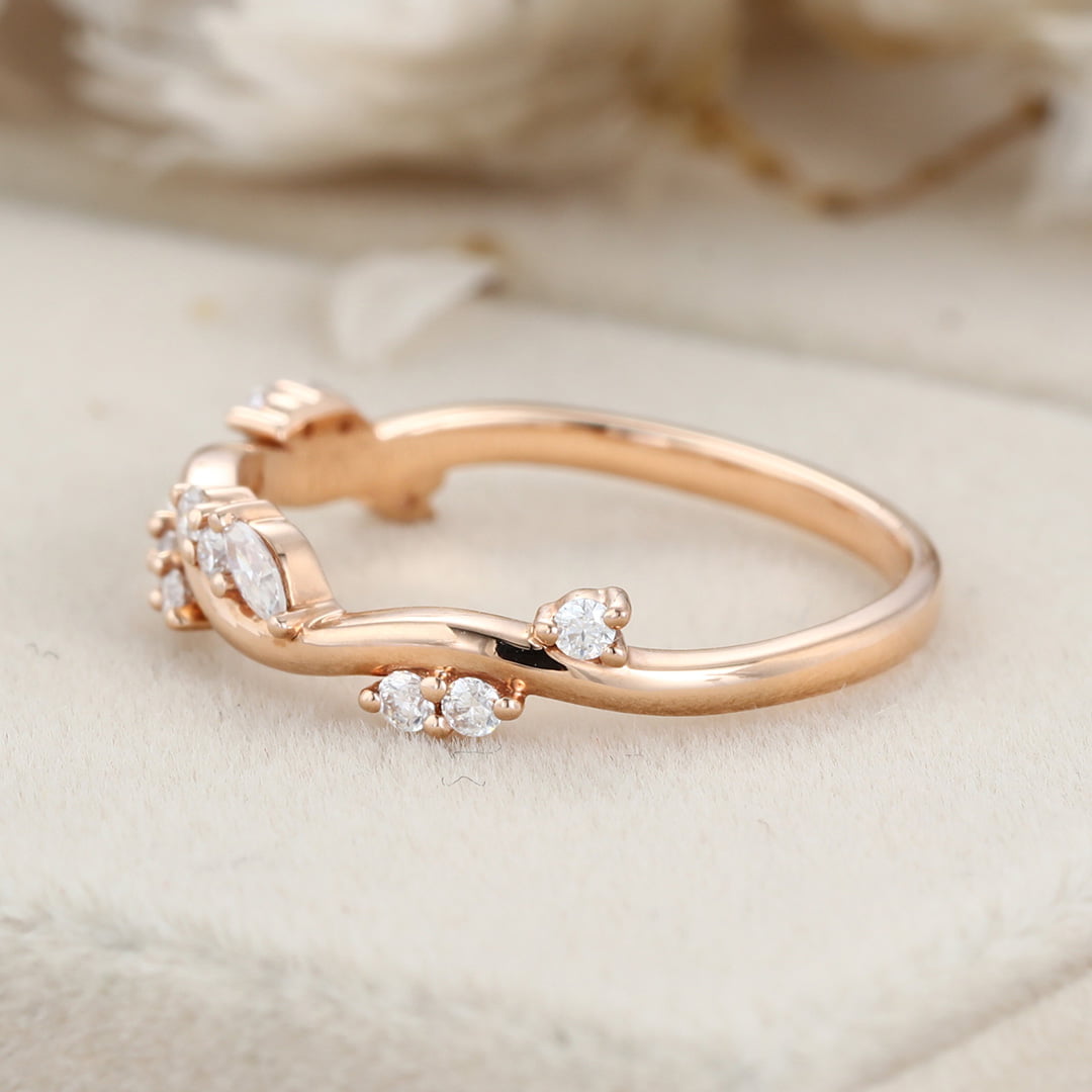 Unique Marquise Round Moissanite wedding band Vintage rose gold wedding band diamond ring stacking matching promise ring Anniversary gift