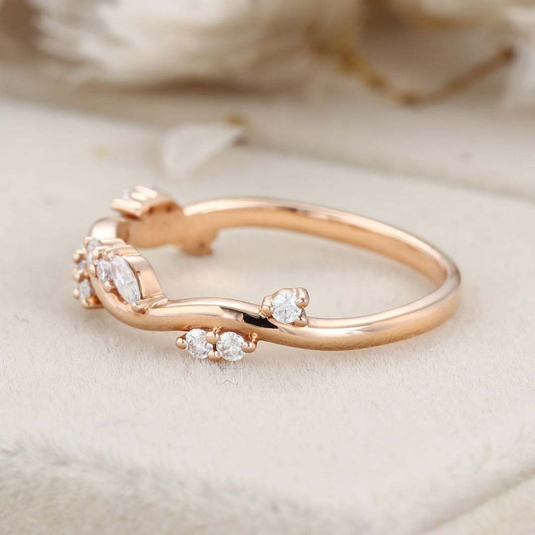 Unique Marquise Round Moissanite wedding band Vintage rose gold wedding band diamond ring stacking matching promise ring Anniversary gift