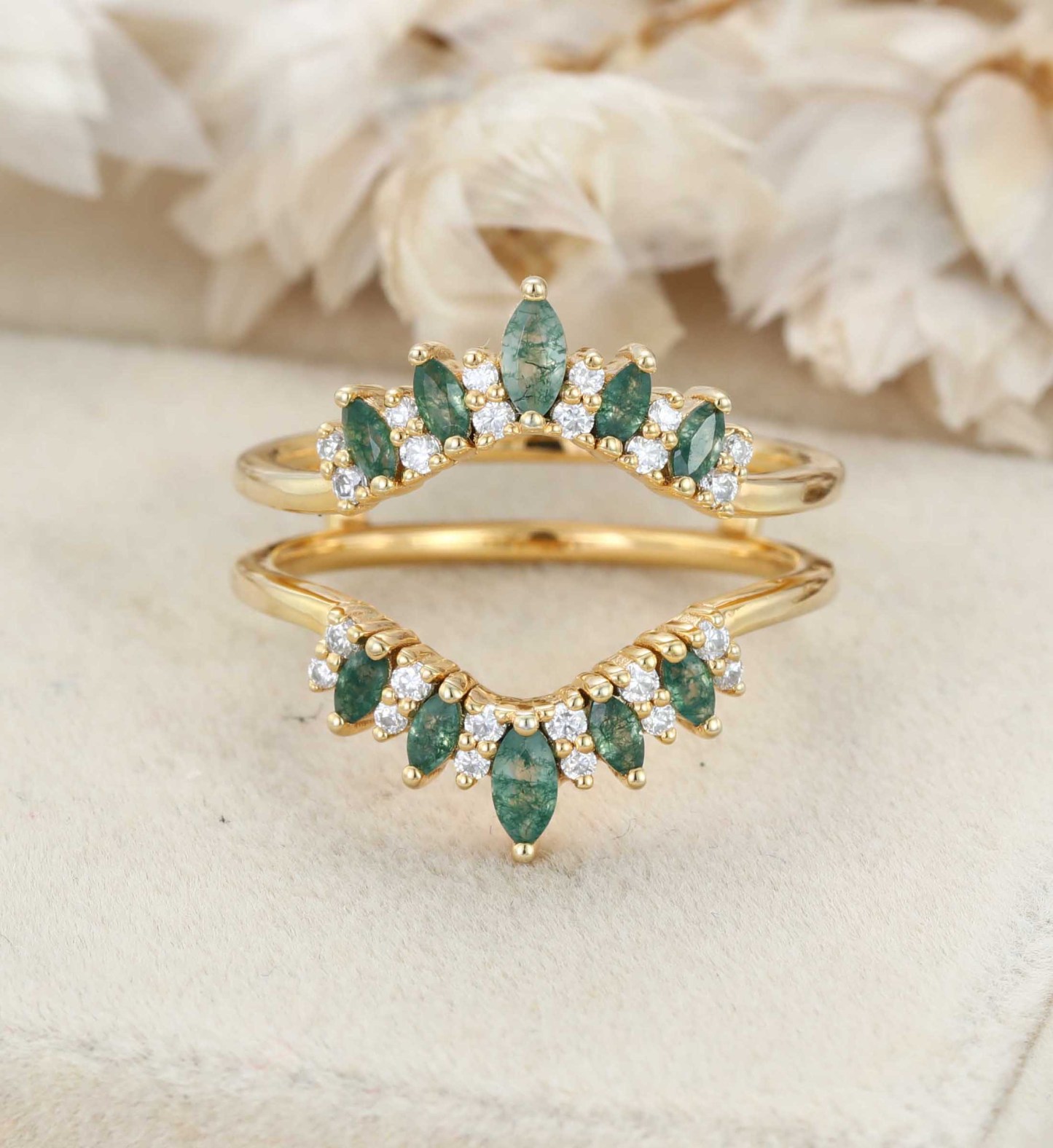 Unique Marquise Shape Moss Agate Curved Wedding Band Yellow Gold Moissanite Ring Enhancer Promise Custom Rings For Women