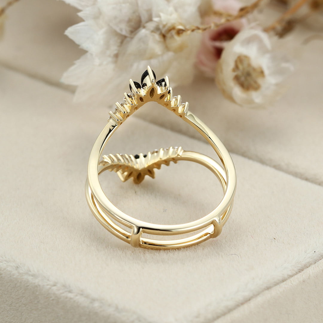 Unique Marquise black onyx wedding band double band Yellow gold Curved moissanite wedding ring stacking Bridal promise Anniversary gift