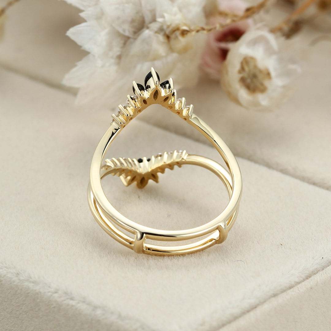 Unique Marquise black onyx wedding band double band Yellow gold Curved moissanite wedding ring stacking Bridal promise Anniversary gift