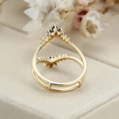 Unique Marquise black onyx wedding band double band Yellow gold Curved moissanite wedding ring stacking Bridal promise Anniversary gift