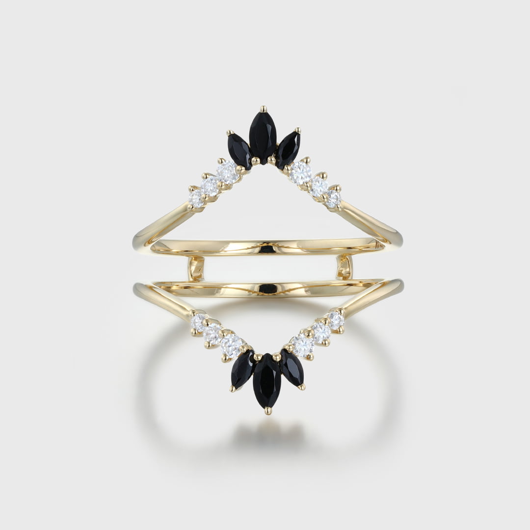Unique Marquise black onyx wedding band double band Yellow gold Curved moissanite wedding ring stacking Bridal promise Anniversary gift
