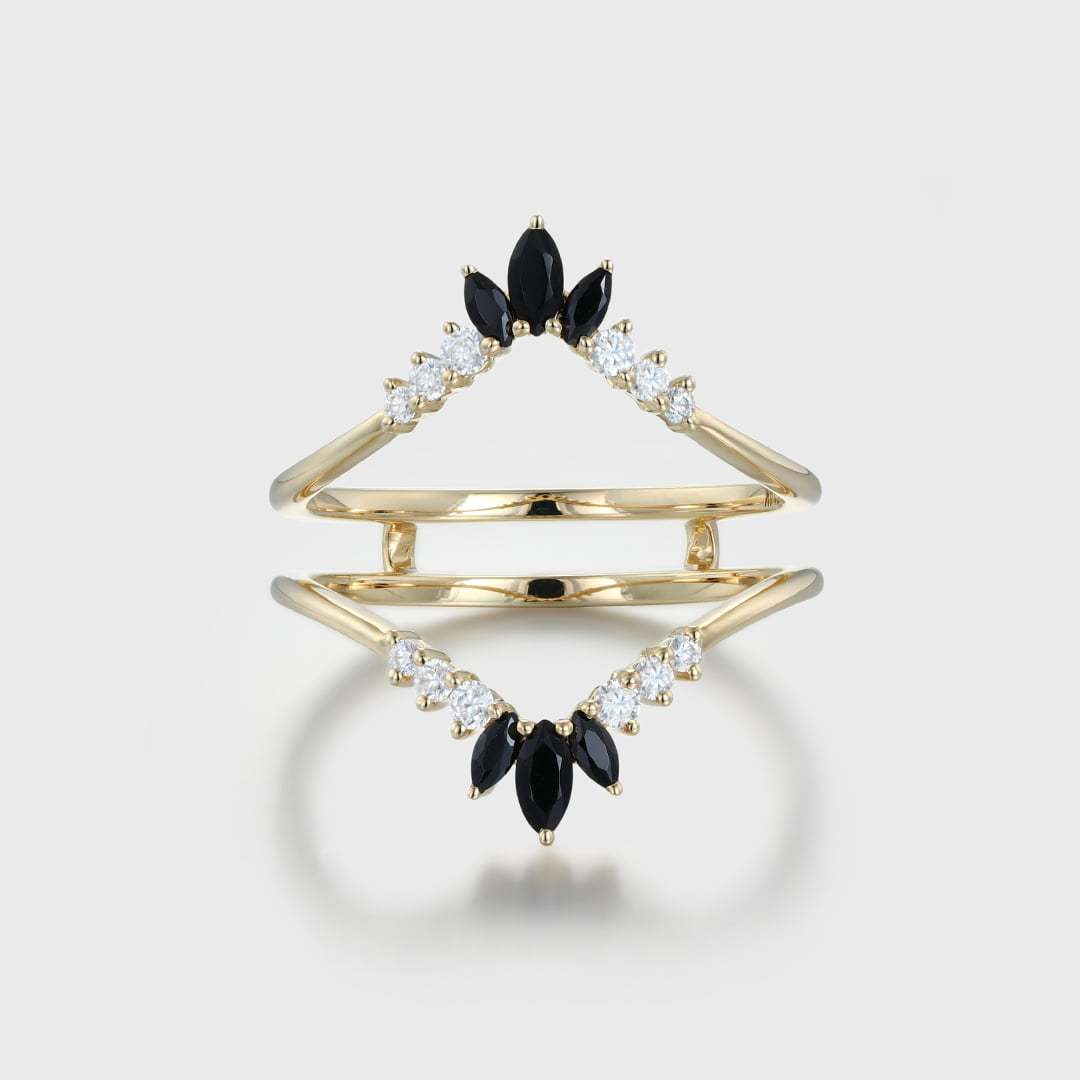 Unique Marquise black onyx wedding band double band Yellow gold Curved moissanite wedding ring stacking Bridal promise Anniversary gift