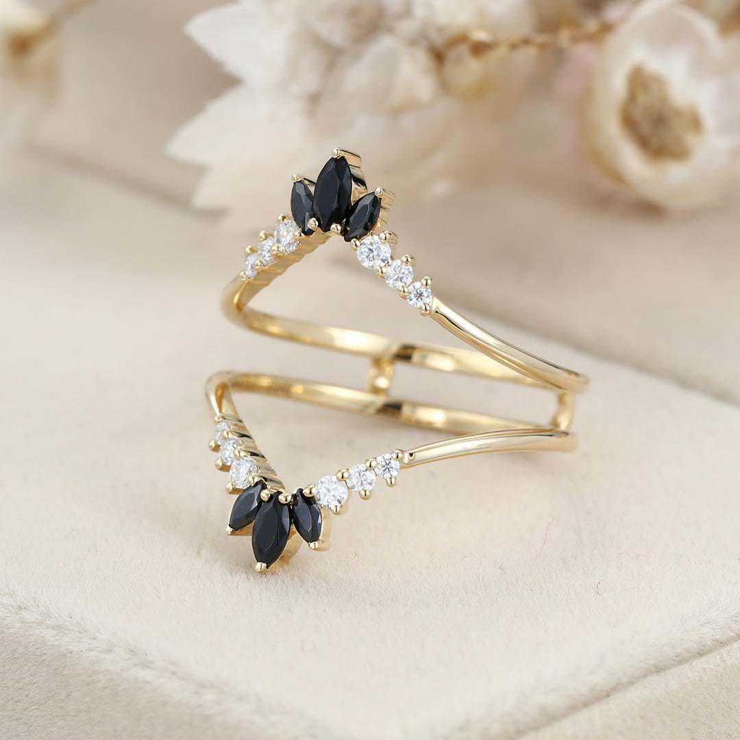 Unique Marquise black onyx wedding band double band Yellow gold Curved moissanite wedding ring stacking Bridal promise Anniversary gift