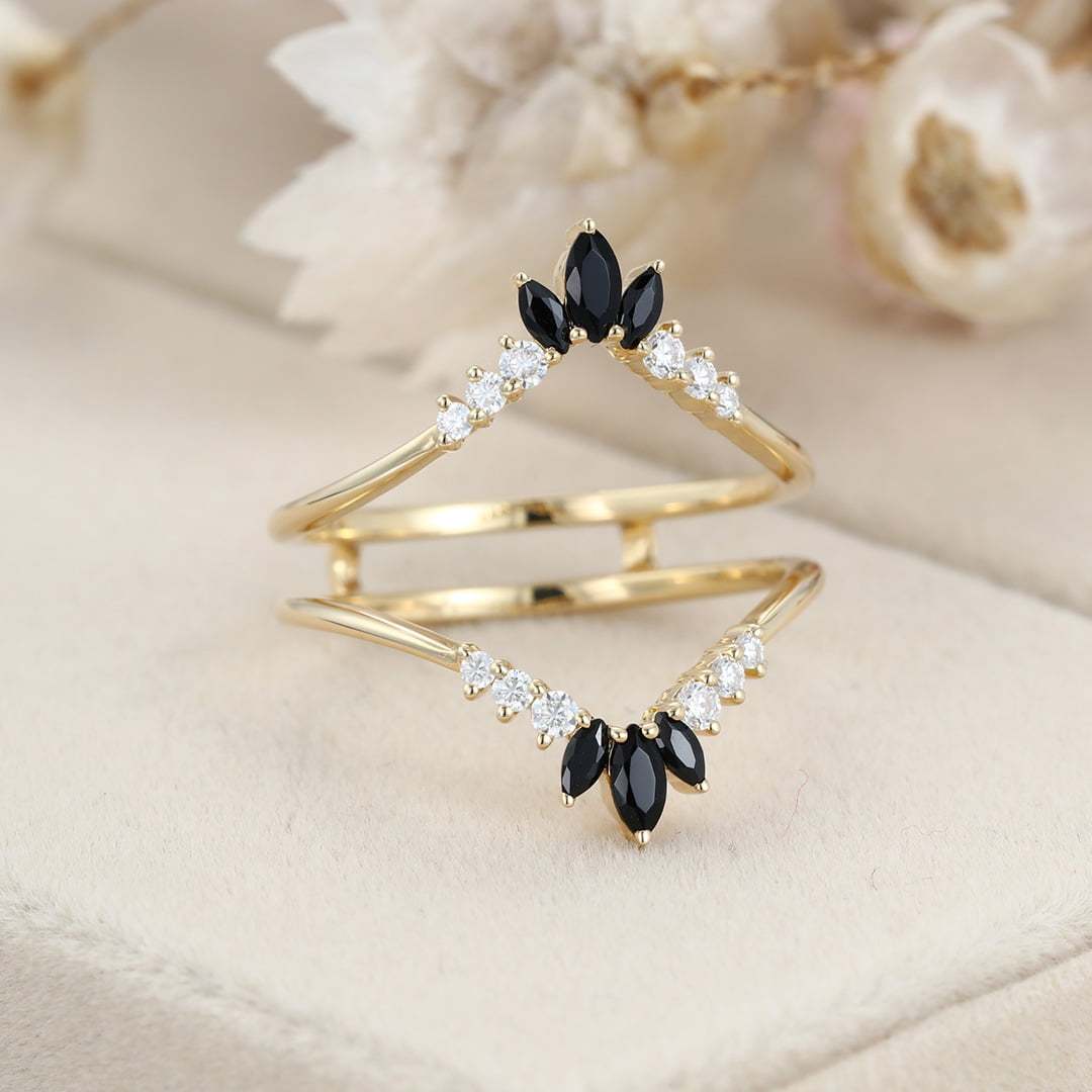 Unique Marquise black onyx wedding band double band Yellow gold Curved moissanite wedding ring stacking Bridal promise Anniversary gift