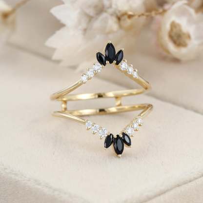 Unique Marquise black onyx wedding band double band Yellow gold Curved moissanite wedding ring stacking Bridal promise Anniversary gift