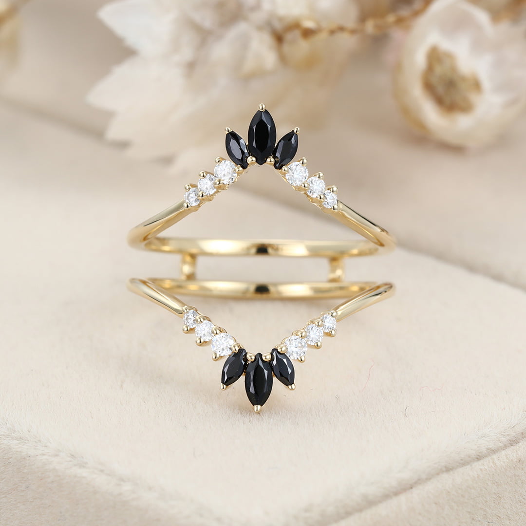 Unique Marquise black onyx wedding band double band Yellow gold Curved moissanite wedding ring stacking Bridal promise Anniversary gift