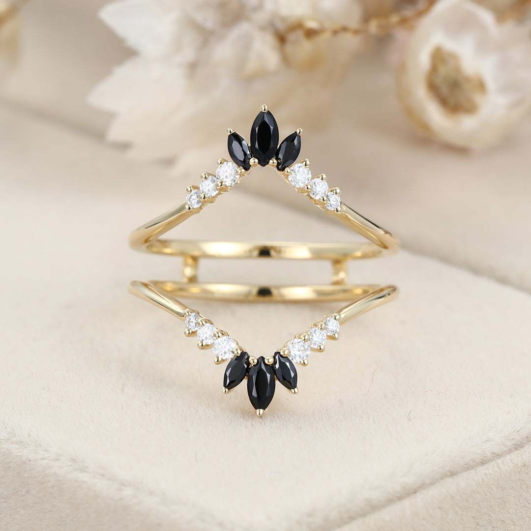 Unique Marquise black onyx wedding band double band Yellow gold Curved moissanite wedding ring stacking Bridal promise Anniversary gift