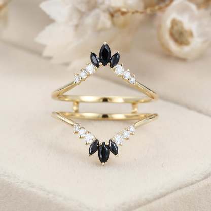 Unique Marquise black onyx wedding band double band Yellow gold Curved moissanite wedding ring stacking Bridal promise Anniversary gift