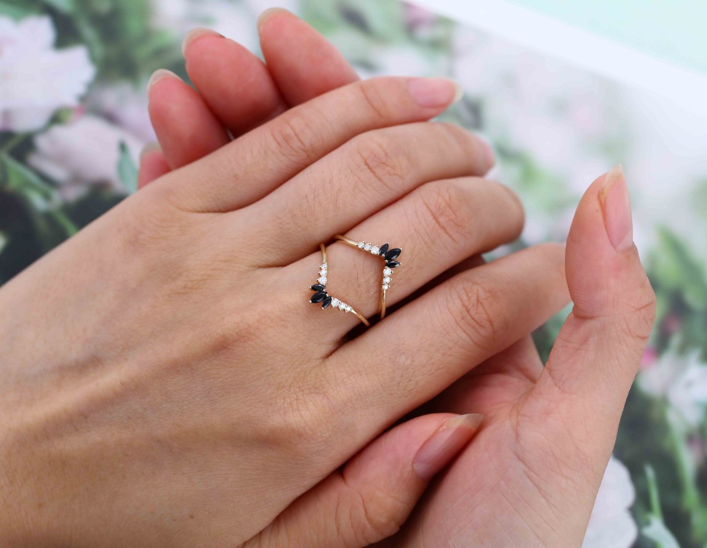 Unique Marquise black onyx wedding band double band Yellow gold Curved moissanite wedding ring stacking Bridal promise Anniversary gift