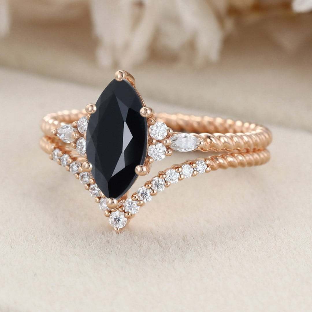 Unique Marquise cut Black Onyx engagement ring set Rose gold moissanite engagement twist ring Bridal Promise Anniversary gift