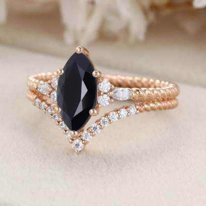 Unique Marquise cut Black Onyx engagement ring set Rose gold moissanite engagement twist ring Bridal Promise Anniversary gift