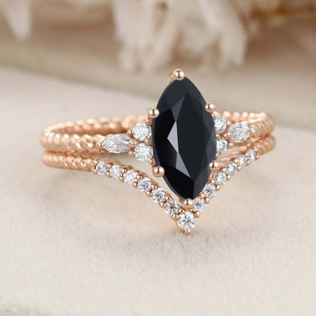 Unique Marquise cut Black Onyx engagement ring set Rose gold moissanite engagement twist ring Bridal Promise Anniversary gift
