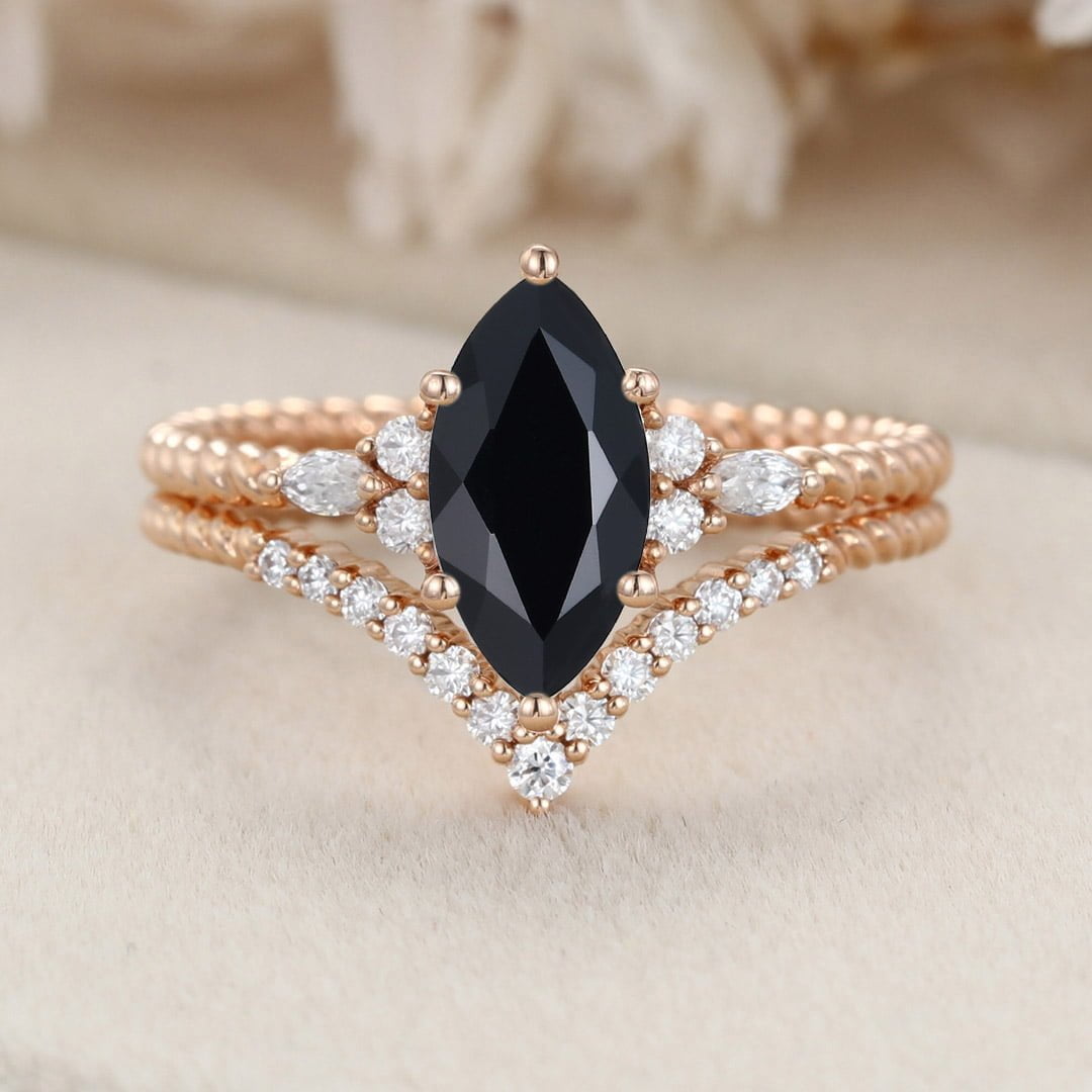Unique Marquise cut Black Onyx engagement ring set Rose gold moissanite engagement twist ring Bridal Promise Anniversary gift