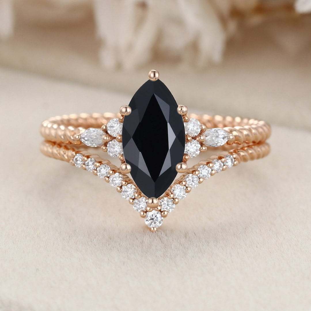 Unique Marquise cut Black Onyx engagement ring set Rose gold moissanite engagement twist ring Bridal Promise Anniversary gift