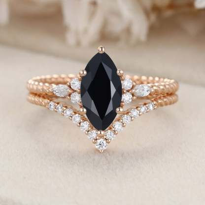 Unique Marquise cut Black Onyx engagement ring set Rose gold moissanite engagement twist ring Bridal Promise Anniversary gift