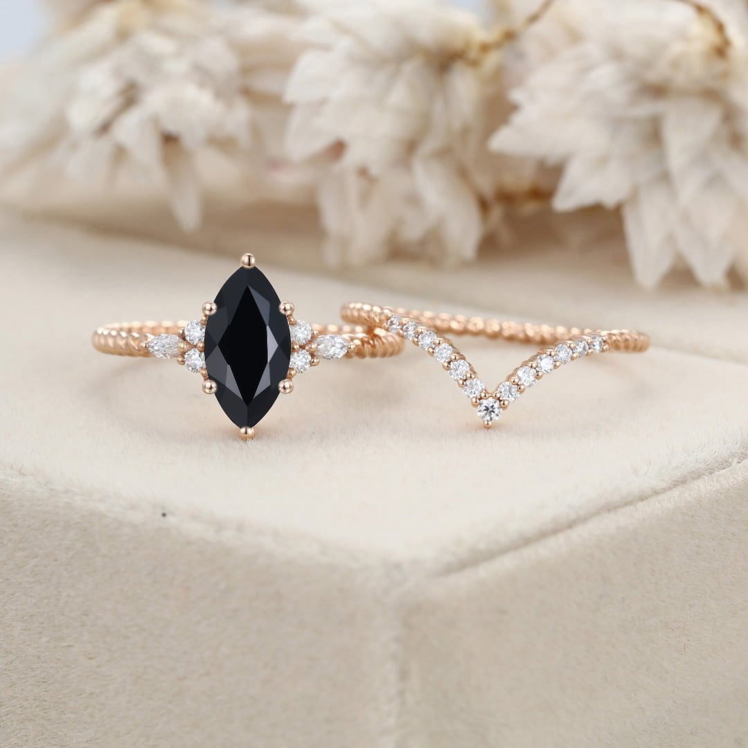 Unique Marquise cut Black Onyx engagement ring set Rose gold moissanite engagement twist ring Bridal Promise Anniversary gift