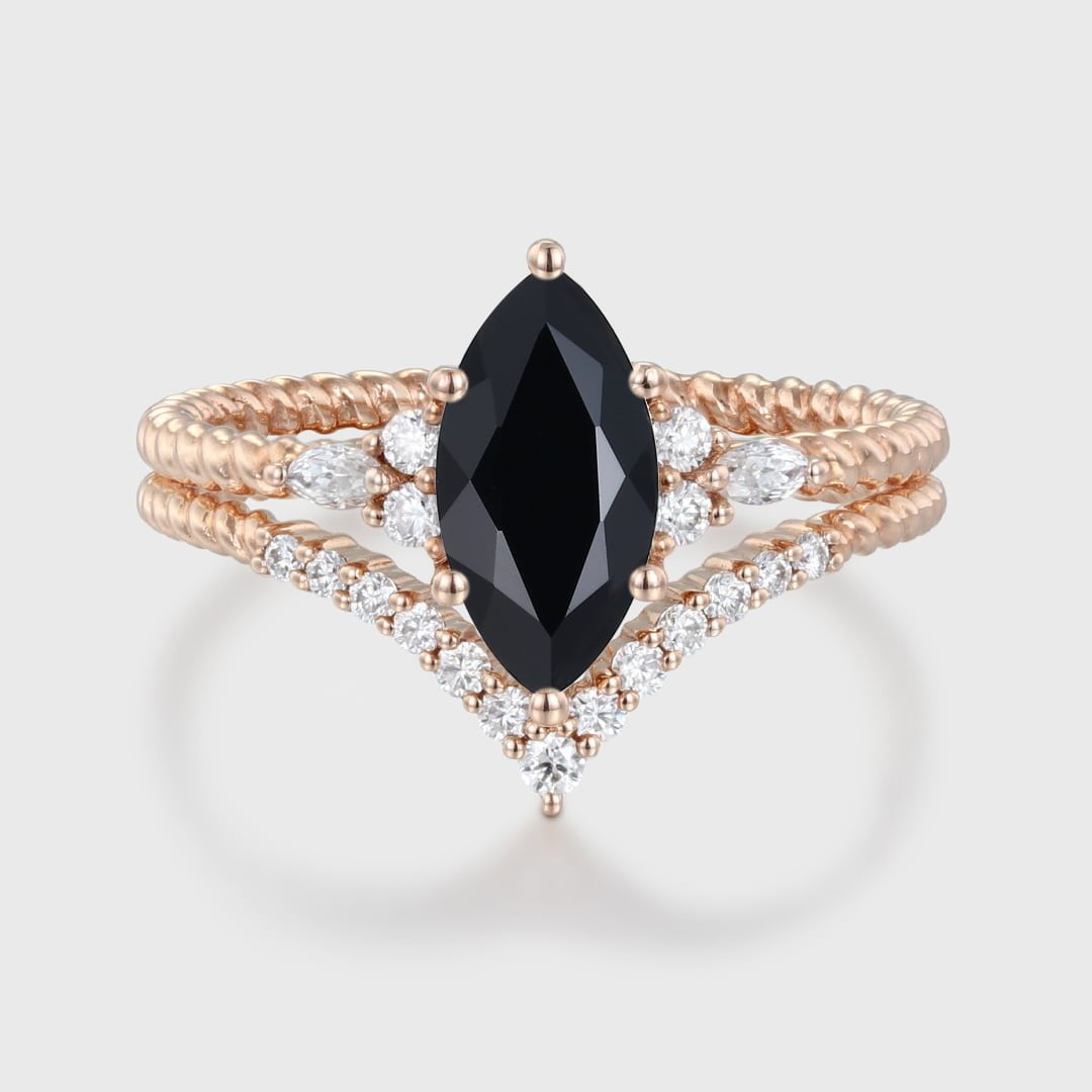 Unique Marquise cut Black Onyx engagement ring set Rose gold moissanite engagement twist ring Bridal Promise Anniversary gift