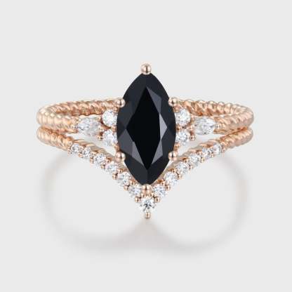 Unique Marquise cut Black Onyx engagement ring set Rose gold moissanite engagement twist ring Bridal Promise Anniversary gift