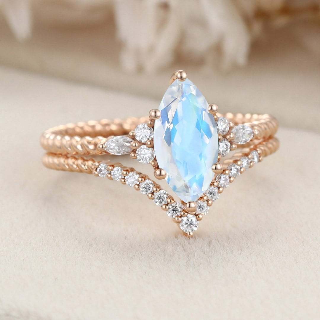 Unique Marquise cut Moonstone engagement ring set 14K Rose gold moissanite engagement ring Diamond curved wedding Bridal Promise gift