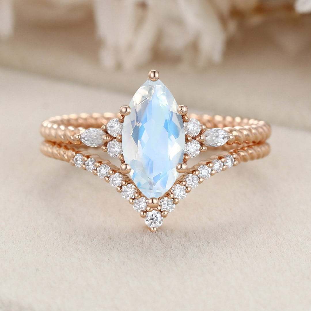 Unique Marquise cut Moonstone engagement ring set 14K Rose gold moissanite engagement ring Diamond curved wedding Bridal Promise gift