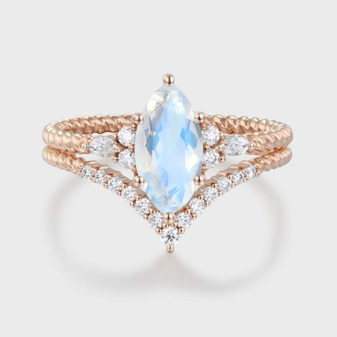 Unique Marquise Cut Moonstone and Diamond Engagement Ring Set with 14K Rose Gold Curved Wedding Band, Bridal Promise Gift.