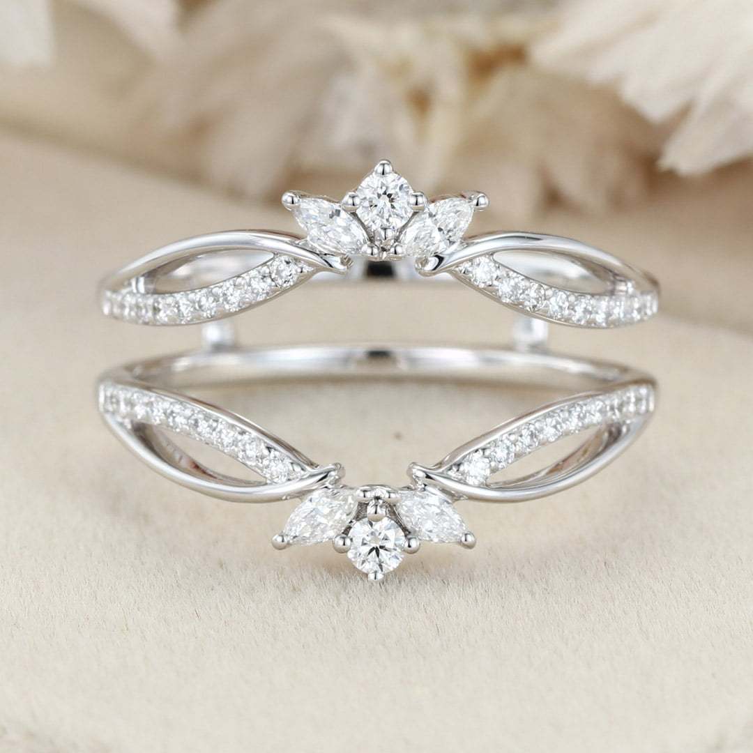 Unique Moissanite Curved wedding band 14K White gold double wedding band vintage marquise diamond wedding ring matching bridal promise gift