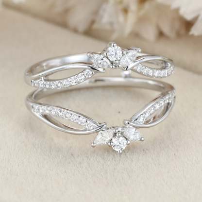 Unique Moissanite Curved wedding band 14K White gold double wedding band vintage marquise diamond wedding ring matching bridal promise gift