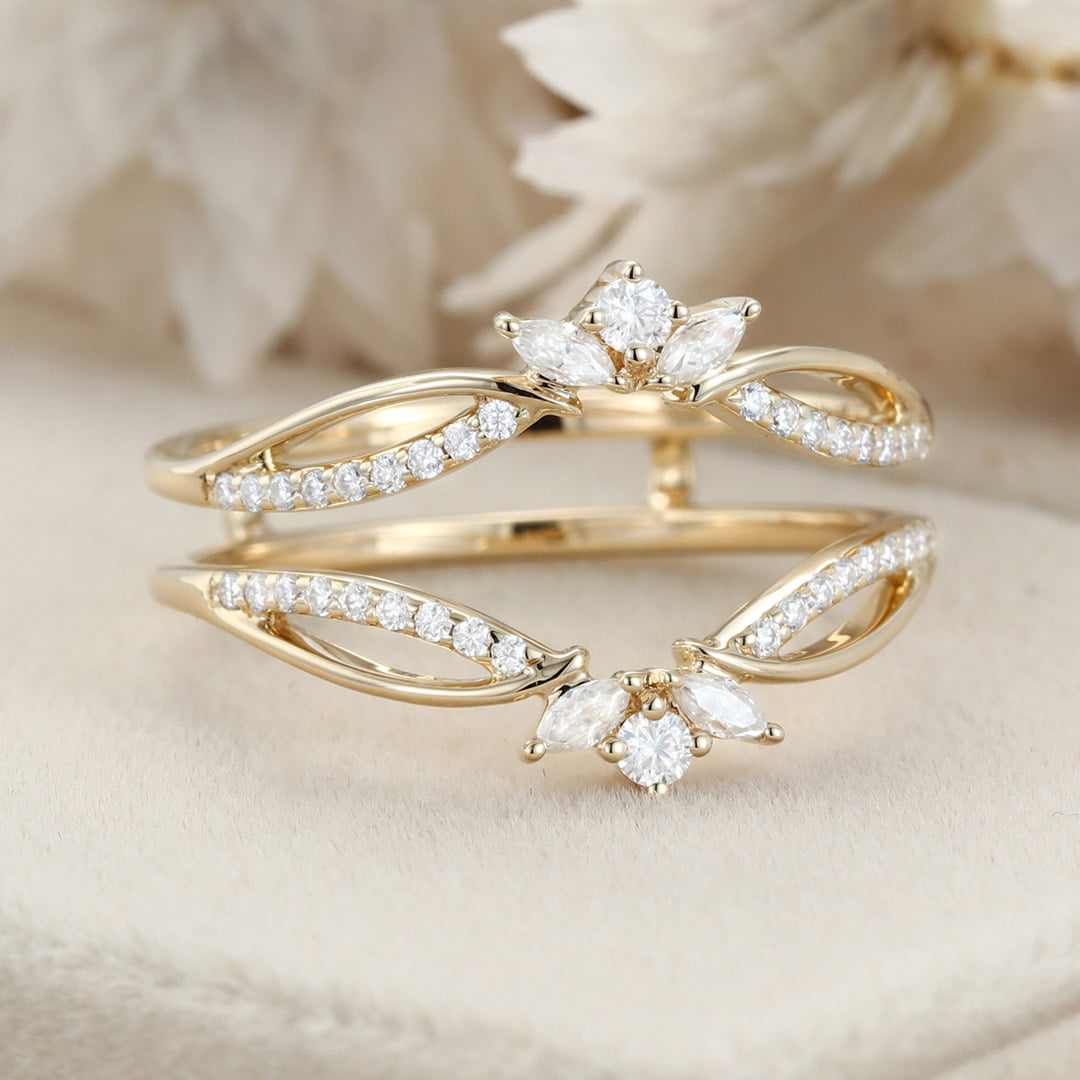 Unique Moissanite Curved wedding band Yellow gold double wedding band vintage marquise diamond wedding ring matching bridal promise gift