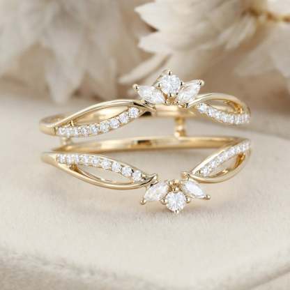 Unique Moissanite Curved wedding band Yellow gold double wedding band vintage marquise diamond wedding ring matching bridal promise gift