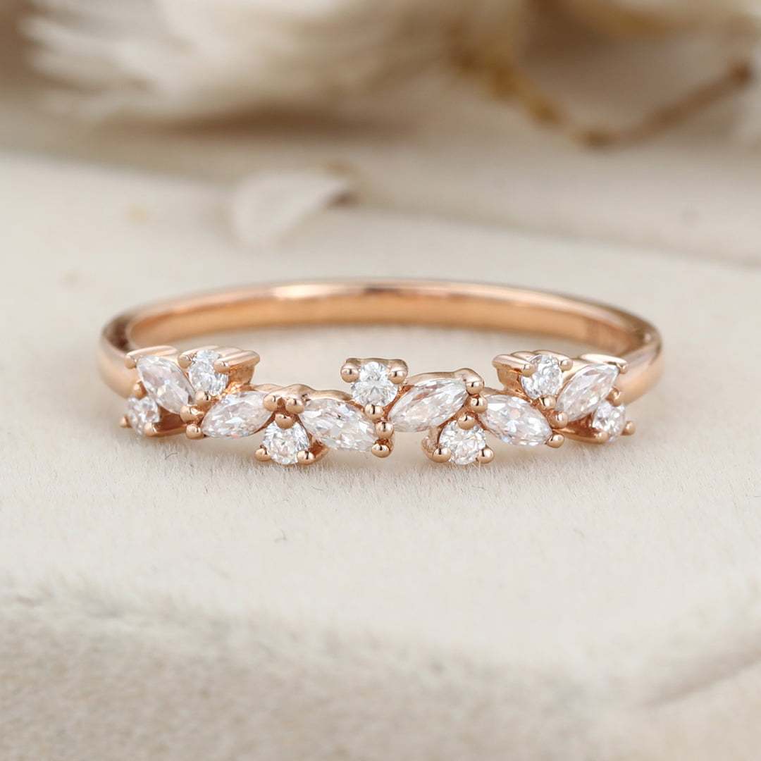 Unique Moissanite wedding band Marquise wedding band Vintage rose gold wedding band diamond ring stacking matching promise ring Anniversary