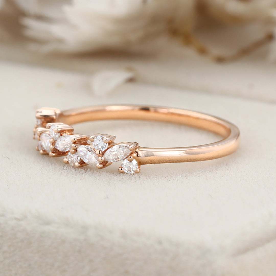 Unique Moissanite wedding band Marquise wedding band Vintage rose gold wedding band diamond ring stacking matching promise ring Anniversary