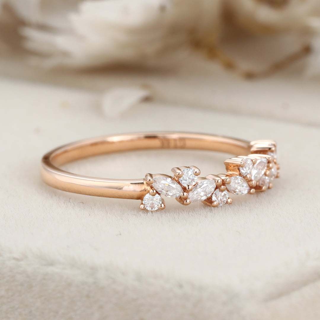 Unique Moissanite wedding band Marquise wedding band Vintage rose gold wedding band diamond ring stacking matching promise ring Anniversary