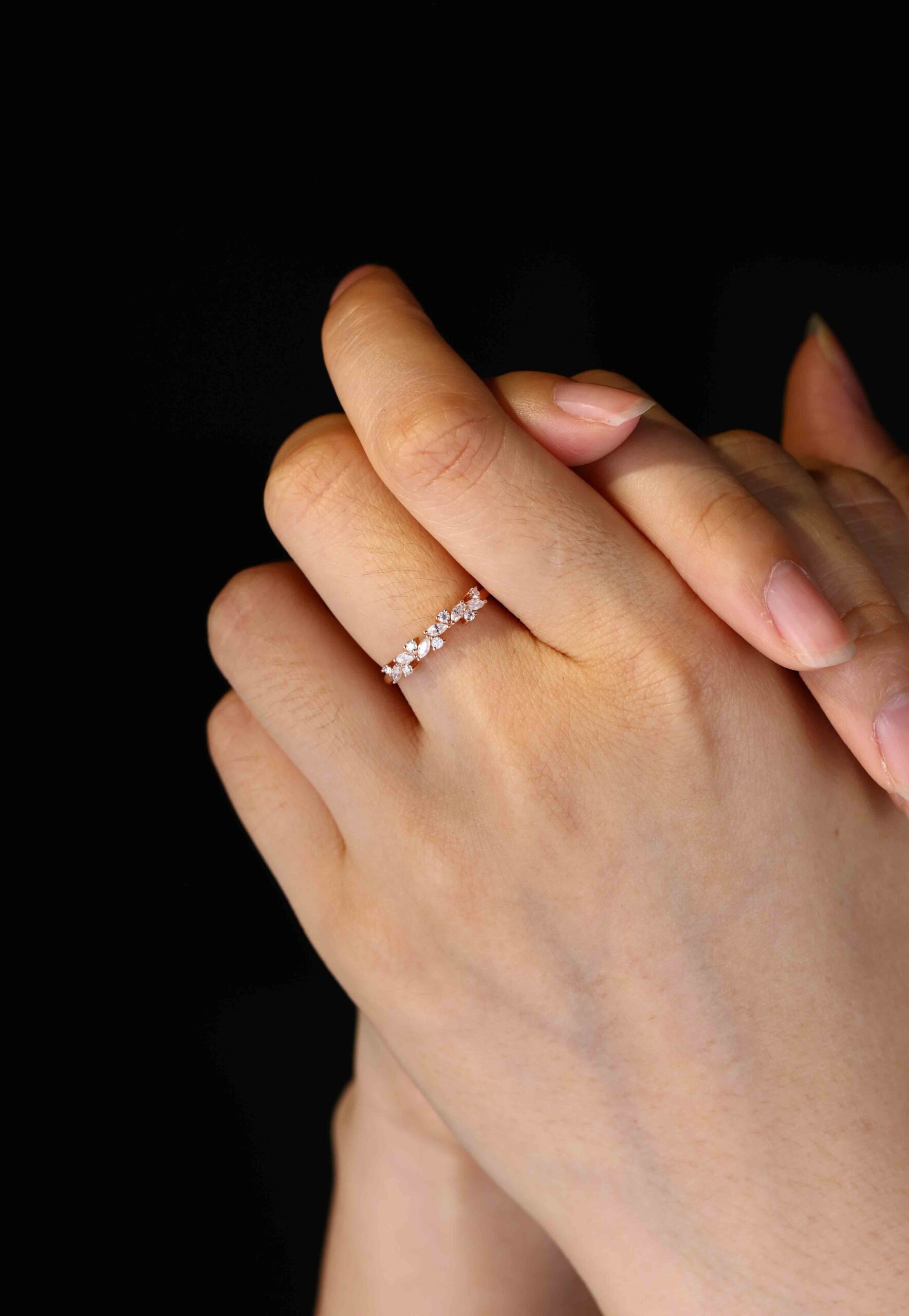 Unique Moissanite wedding band Marquise wedding band Vintage rose gold wedding band diamond ring stacking matching promise ring Anniversary