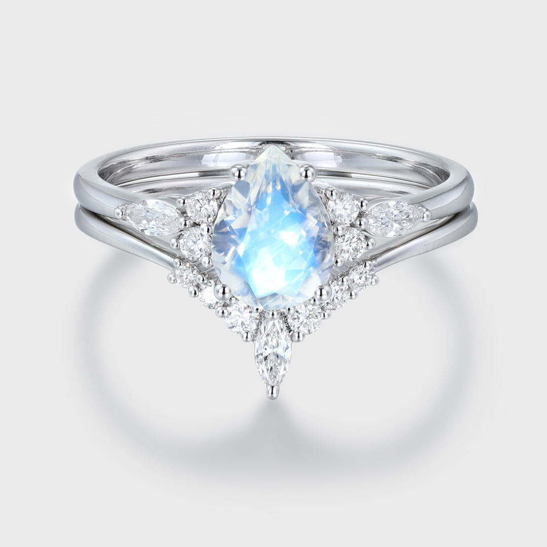 Unique Moonstone engagement ring set vintage White gold marquise moissanite engagement ring Stacking curved wedding Anniversary gift