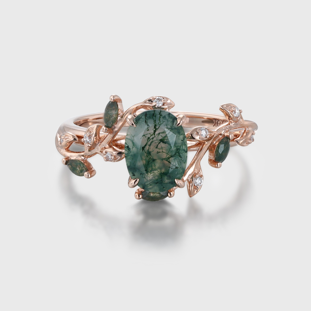 Unique Moss Agate Ring 14K Rose Gold Leaf Moss Agate Engagement Ring Enhancer Promise Wedding Ring Personalized Rings