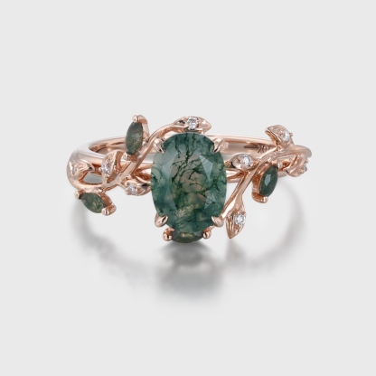 Unique Moss Agate Ring 14K Rose Gold Leaf Moss Agate Engagement Ring Enhancer Promise Wedding Ring Personalized Rings