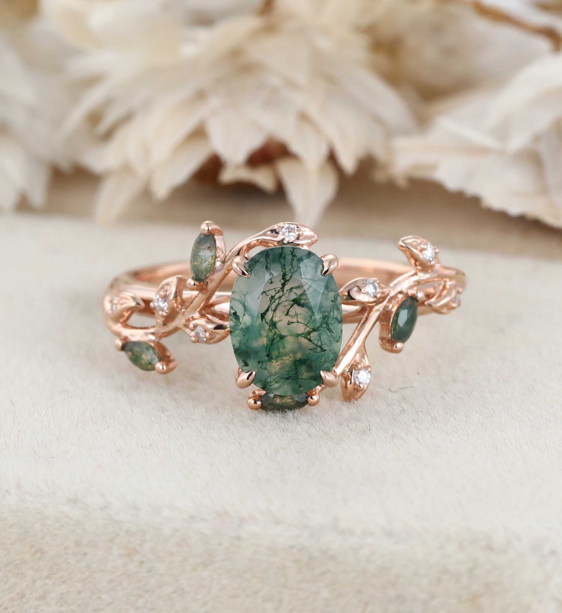 Unique Moss Agate Ring 14K Rose Gold Leaf Moss Agate Engagement Ring Enhancer Promise Wedding Ring Personalized Rings